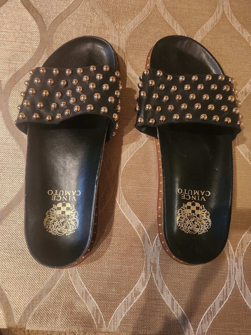 Vince Camuto Black Slide Sandals with Gold Stud Detailing